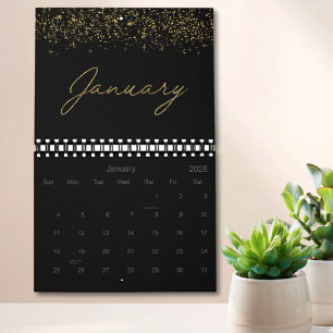 Black and Gold Glitter Elegant Modern Script 2027 Calendar