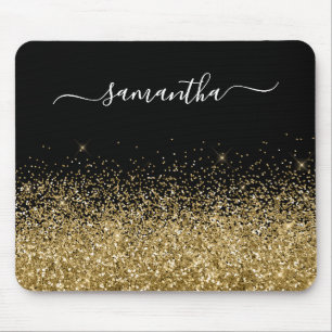 Black and Gold Glitter Elegant Name Mouse Pad