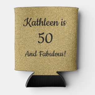 Black and Gold Glitter Fifty and Fabulous Birthday Can Cooler