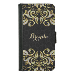 Black And Gold Glitter Floral Swirls Wallet Phone Case For Samsung Galaxy S5