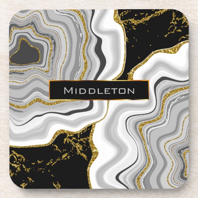 Black and Gold Glitter Geode Marble Beverage Coaster (Front)
