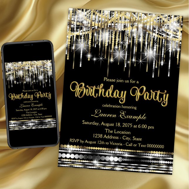 Black and Gold Glitter Glam Birthday Invitation (Beautiful any number birthday party invitation. Instant download and printed invitations available.)