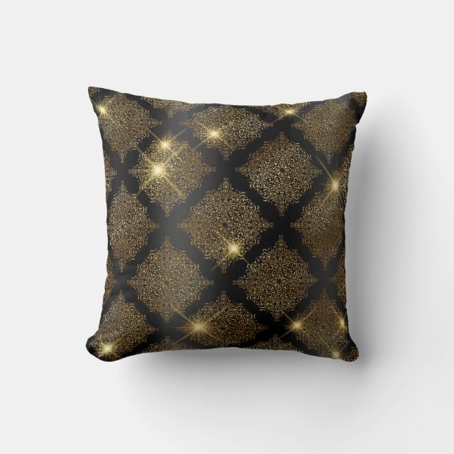 Black and Gold Glitter Glam Filigree Pattern Throw Pillow (Front)