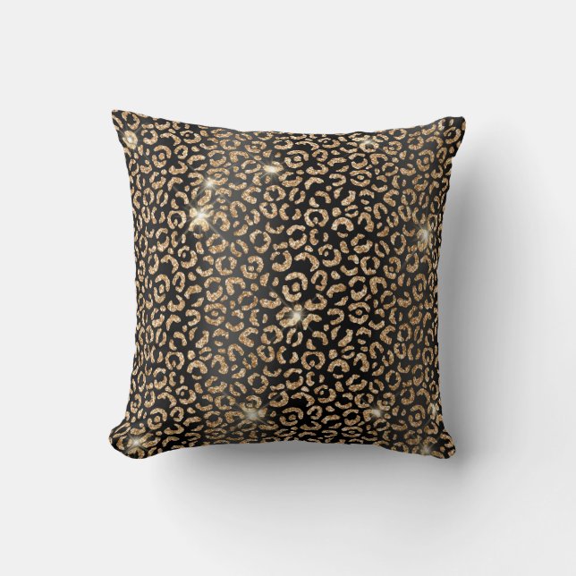 Black and Gold Glitter Glam Leopard Spots Print Throw Pillow (Front)
