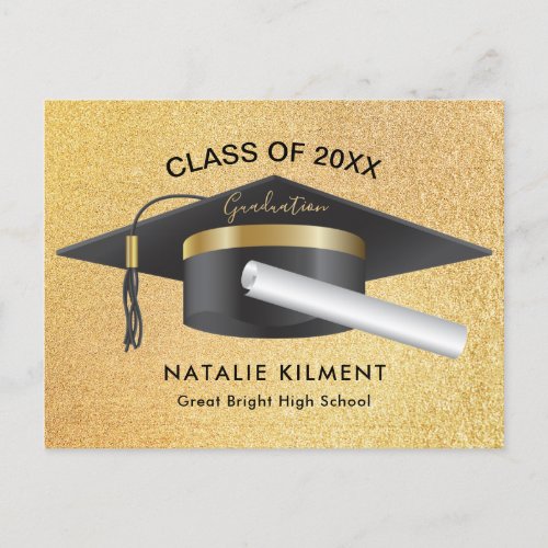 Black and Gold Glitter Graduate Cap Graduation Announcement Postcard