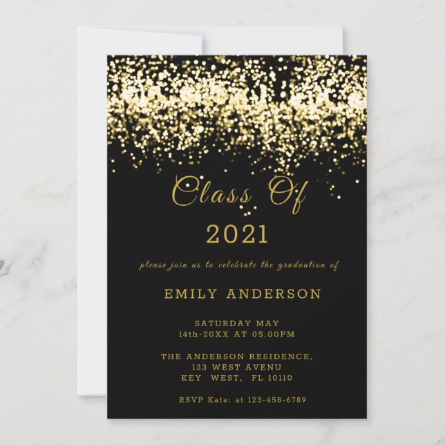 Black and Gold Glitter Graduation 2021 Invitation (Front)