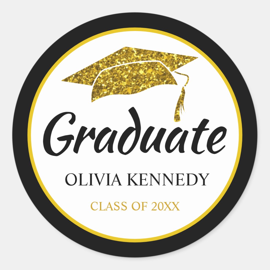 Black And Gold Glitter Graduation Hat Graduate Classic Round Sticker ...