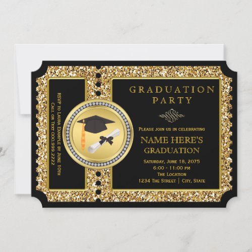 Black and Gold Glitter Graduation Invitation