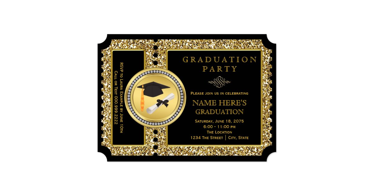 Black and Gold Glitter Graduation Invitation | Zazzle.com