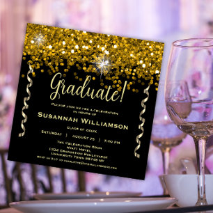 Black and Gold Glitter Graduation Invitation
