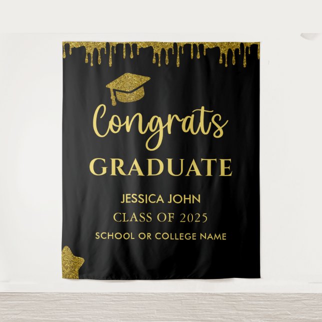 Black And Gold Glitter Graduation Photo Backdrop (Front)