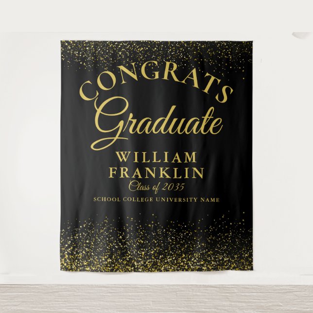 Black And Gold Glitter Graduation Photo Backdrop (Front)
