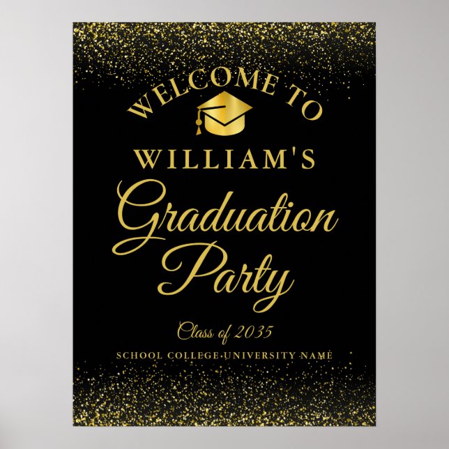 Black And Gold Glitter Graduation Welcome Sign (Front)
