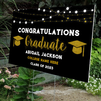 Black And Gold Glitter Graduation Yard Sign