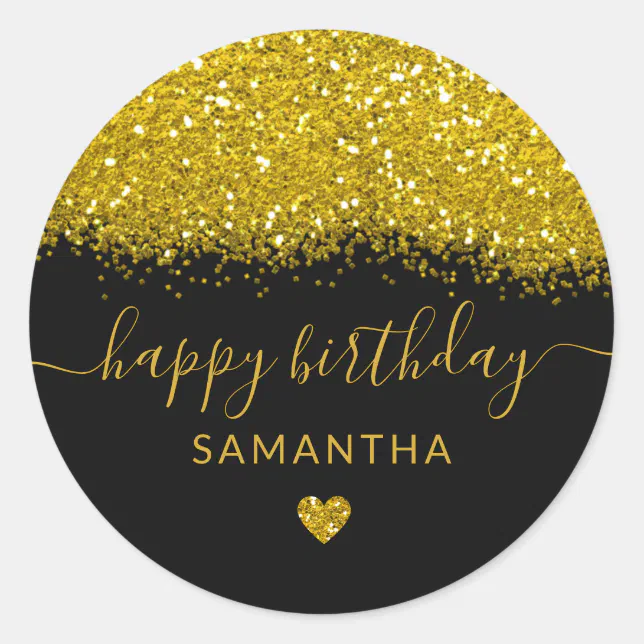 Black And Gold Glitter Happy Birthday Personalized Classic Round ...