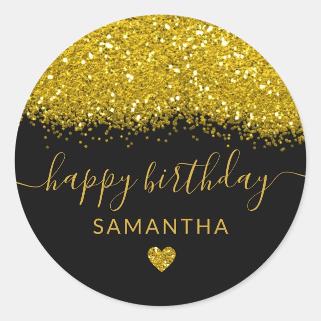 Black And Gold Glitter Happy Birthday Personalized Classic Round Sticker (Front)