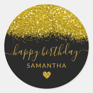 Black And Gold Glitter Happy Birthday Personalized Classic Round Sticker