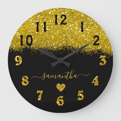 Black And Gold Glitter Heart Sparkle Personalized  Large Clock