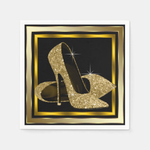 Black and Gold Glitter High Heel Paper Napkins