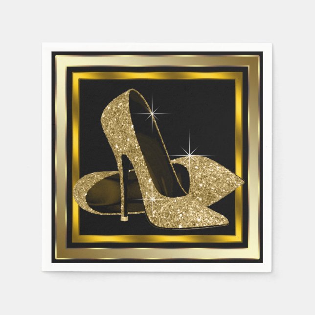 Black and Gold Glitter High Heel Paper Napkins (Front)