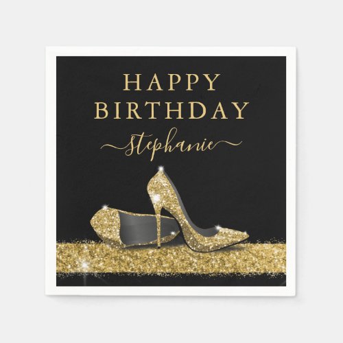 Black and Gold Glitter High Heels Birthday Napkins