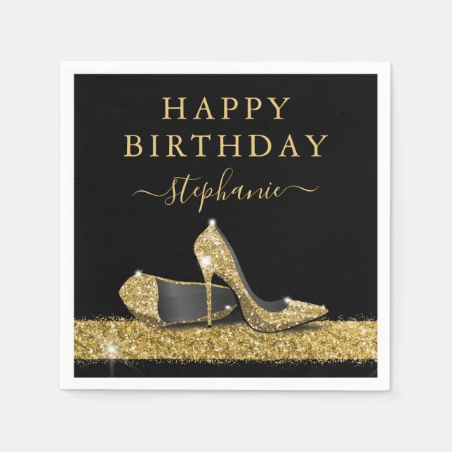 Black and Gold Glitter High Heels Birthday Napkins (Front)
