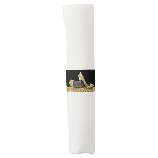 Black and Gold Glitter High Heels Stiletto Napkin Bands (Front)