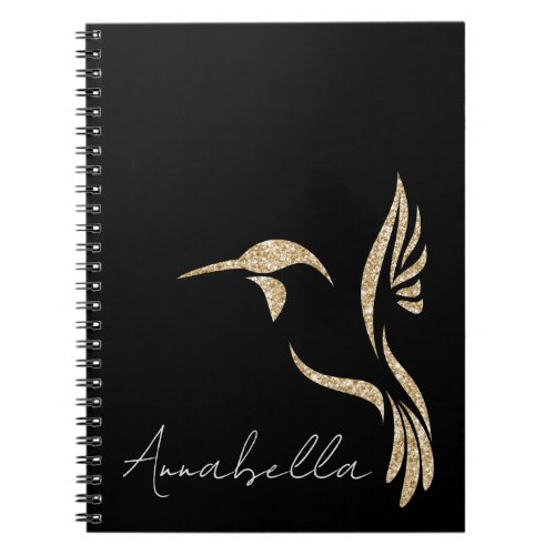 Black and Gold Glitter Hummingbird Custom Name Notebook