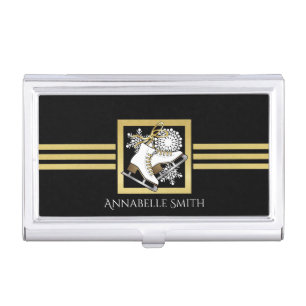 Black and Gold Glitter Ice Skating Instructor Case For Business Cards