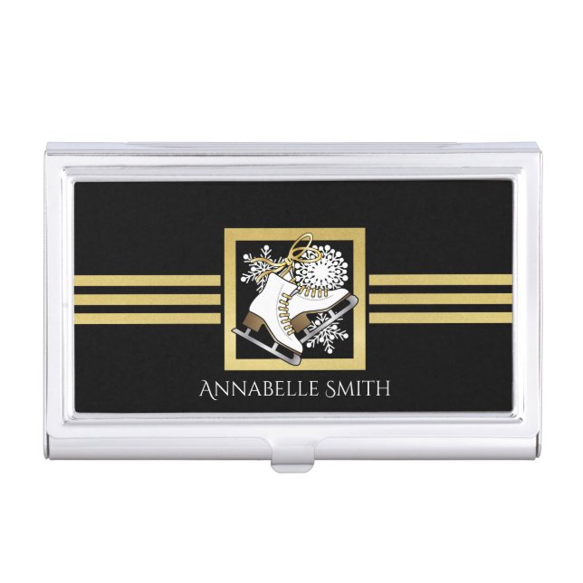 Black and Gold Glitter Ice Skating Instructor Case For Business Cards (Front)