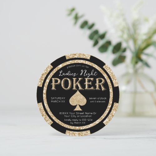 Black and Gold Glitter Ladies Night Poker Chip Invitation