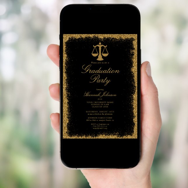 Black and Gold Glitter Law School Photo Graduation Invitation (Front Digital)
