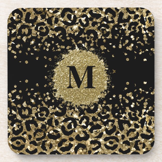 Black and gold glitter leopard print initial beverage coaster (Front)