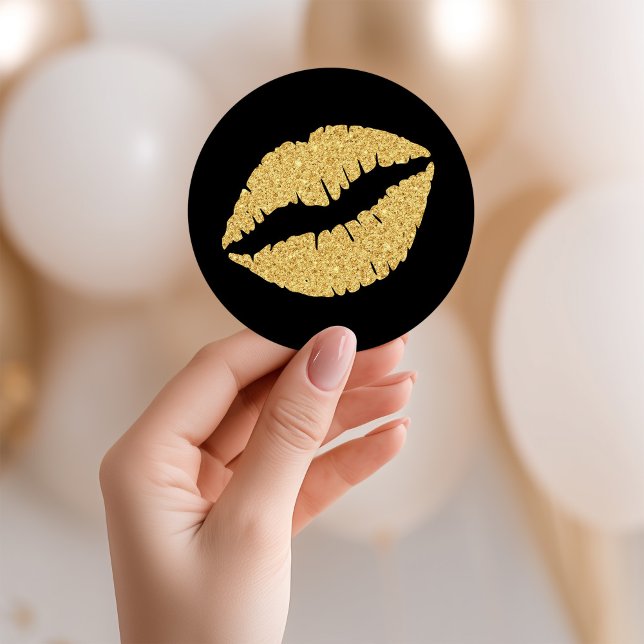 Black and Gold Glitter Lips Classic Round Sticker (Black and Gold Glitter Lips Classic Round Sticker)