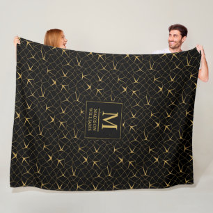 Black and Gold Glitter Luxury Geometric Pattern Fleece Blanket