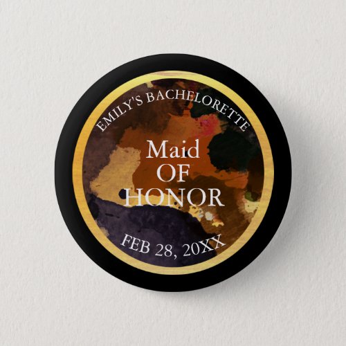 Black and Gold Glitter Maid of Honor Bachelor Pinback Button