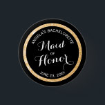 Black and Gold Glitter Maid of Honor Bachelorette Pinback Button<br><div class="desc">These customized pin buttons are the perfect accessory for bridesmaids out on the town for a bachelorette party. Featuring 100% personalizable text and a pretty ring of gold glitter,  they'll announce the status of your bridal party and friends.</div>
