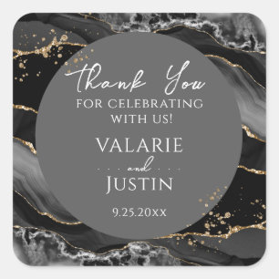 Black and Gold Glitter Marble Thank You Square Sticker