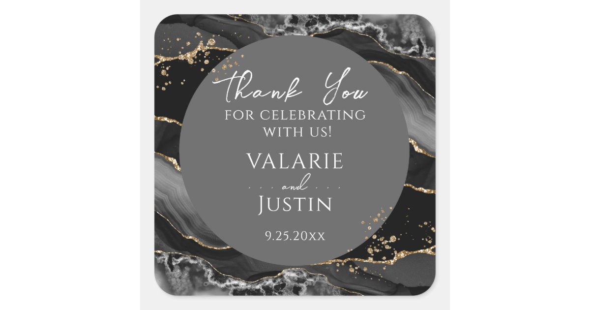 Black and Gold Glitter Marble Thank You Square Sticker | Zazzle