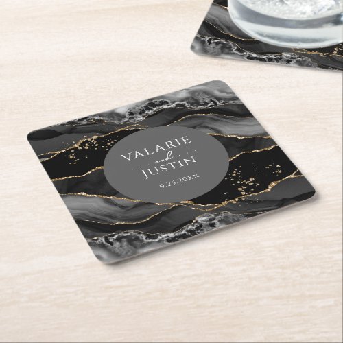 Black and Gold Glitter Marble Wedding Square Paper Coaster