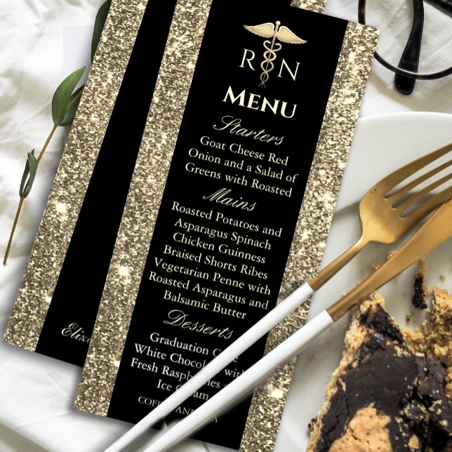 Black and Gold Glitter Medical Graduation Menu  Invitation ("Elegant black and gold graduation menu – a perfect touch of luxury for your celebration!🎓#Graduate)