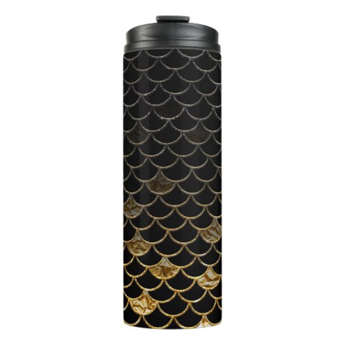 Black and Gold Glitter Mermaid Scales Thermal Tumbler