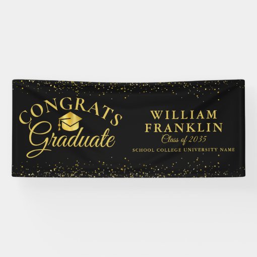 Black And Gold Glitter Modern Graduation Banner | Zazzle