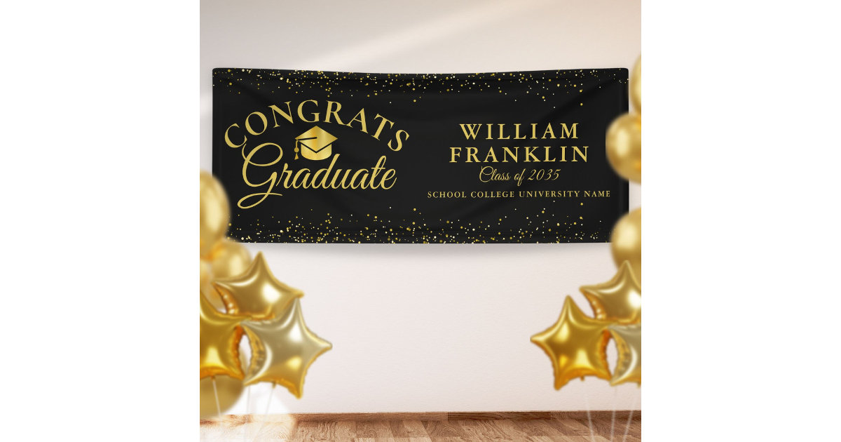 Black And Gold Glitter Modern Graduation Banner | Zazzle