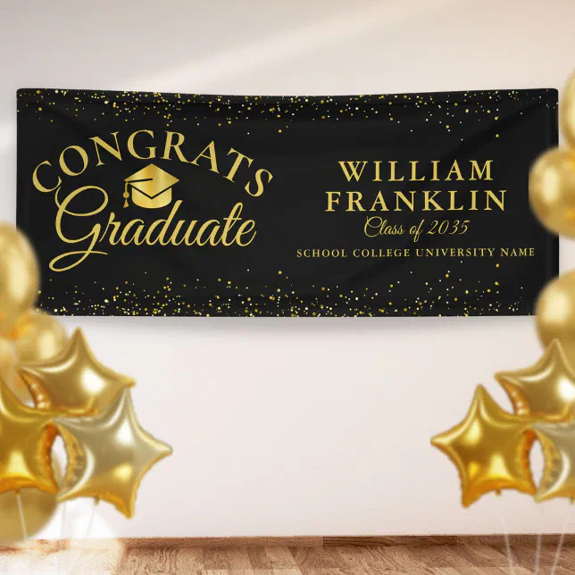 Black And Gold Glitter Modern Graduation Banner | Zazzle