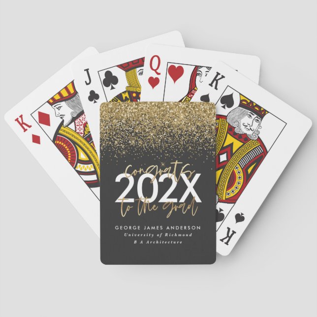 Black and gold glitter modern script graduation poker cards (Back)