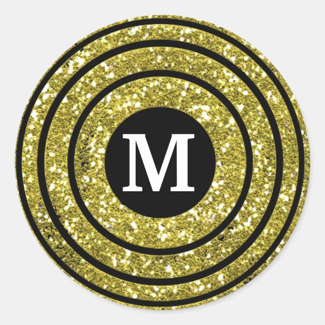 Black And Gold Glitter Monogram Classic Round Sticker (Front)