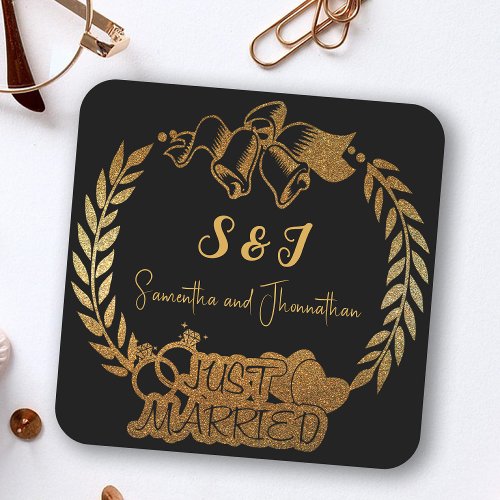  Black and Gold Glitter Monogram Just Married Square Paper Coaster