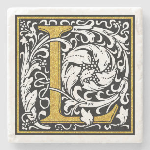 Black And Gold Glitter Monogram L Floral Accents Stone Coaster
