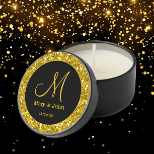 Black And Gold Glitter Monogram Wedding Mini Candle Favors